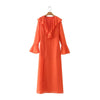 2022 Autumn Women Orange Ruffles Long Dress Long Sleeve Ladies Maxi Dress