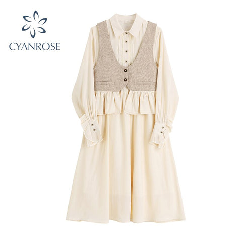 2022 Autumn French Elegant Casual Ladies Dress Vintage Pleated Patchwork Short Vest + Solid Shirt Dress Female 2 Piece Sets