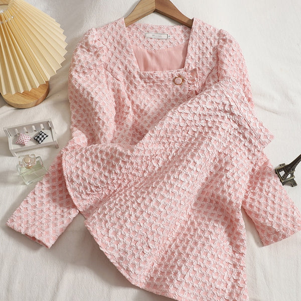 2022 Autumn Fungus Breasted Square Collar Short Top + Thin A-line Skirt Jacquard Two-piece Suit Women