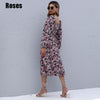 2022 Autumn Midi Dress for Women Long Sleeve Square Collar Drawstring Floral Print Dresses Ladies Elegant Party Clothing