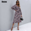 2022 Autumn Midi Dress for Women Long Sleeve Square Collar Drawstring Floral Print Dresses Ladies Elegant Party Clothing
