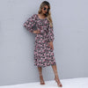 2022 Autumn Midi Dress for Women Long Sleeve Square Collar Drawstring Floral Print Dresses Ladies Elegant Party Clothing