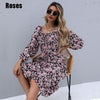 2022 Autumn Midi Dress for Women Long Sleeve Square Collar Drawstring Floral Print Dresses Ladies Elegant Party Clothing