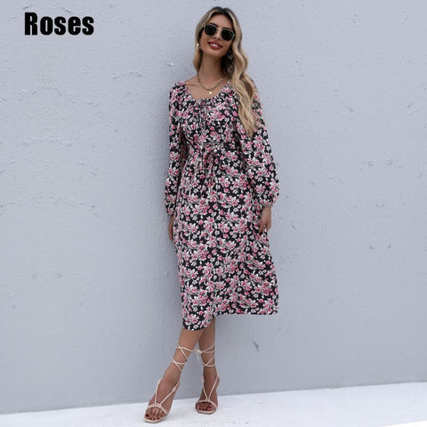 2022 Autumn Midi Dress for Women Long Sleeve Square Collar Drawstring Floral Print Dresses Ladies Elegant Party Clothing