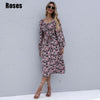 2022 Autumn Midi Dress for Women Long Sleeve Square Collar Drawstring Floral Print Dresses Ladies Elegant Party Clothing