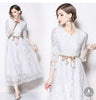 2022 Autumn   Elegant Round Collar Pure Color Three-quarter Sleeve Woman Long Lace Dress  White