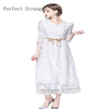 2022 Autumn   Elegant Round Collar Pure Color Three-quarter Sleeve Woman Long Lace Dress  White