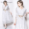 2022 Autumn   Elegant Round Collar Pure Color Three-quarter Sleeve Woman Long Lace Dress  White