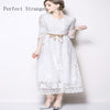 2022 Autumn   Elegant Round Collar Pure Color Three-quarter Sleeve Woman Long Lace Dress  White