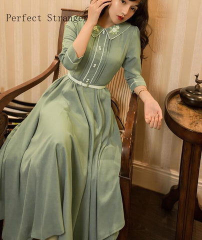 2022 Autumn   Retro  Elegant Peter Pan Collar Flower Embroidery Three-quarter Sleeve Woman Long Dress