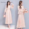 2022 Autumn   V Collar Flare Sleeve Flower Printed Women Chiffon Long Dress   M-4XL