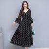 2022 Autumn   V Collar Flare Sleeve Flower Printed Women Chiffon Long Dress   M-4XL