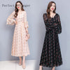 2022 Autumn   V Collar Flare Sleeve Flower Printed Women Chiffon Long Dress   M-4XL