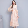 2022 Autumn   V Collar Flare Sleeve Flower Printed Women Chiffon Long Dress   M-4XL