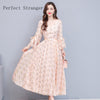 2022 Autumn   V Collar Flare Sleeve Flower Printed Women Chiffon Long Dress   M-4XL