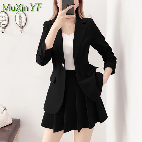 2023 Autumn Black Slim Suit Jacket Skirt Set Women Korean All-match High-waist Pleated Skirts Top Blazers Two-piece