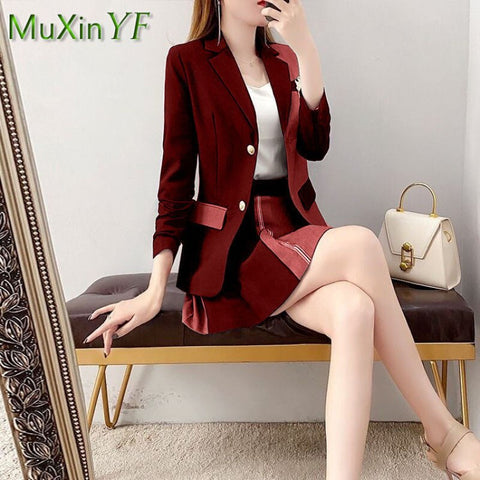 2023 Autumn Casual Suit Jacket Mini Skirt Two-piece Women Korean Color Matching Office Blazers Pleated Skirt Set