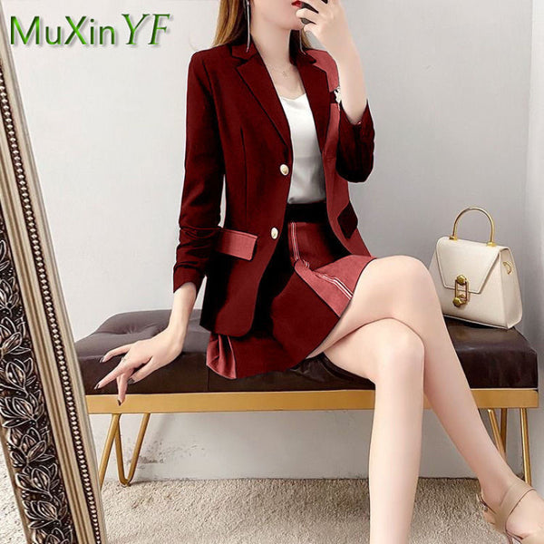 2023 Autumn Casual Suit Jacket Mini Skirt Two-piece Women Korean Color Matching Office Blazers Pleated Skirt Set