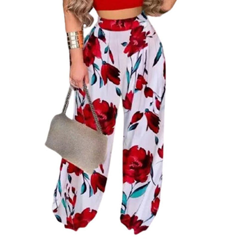 2022 Autumn Wide Leg Pants Women Casual Streetwear Slacks Female Elastic Waist Floral Print Plus Size Loose Trousers