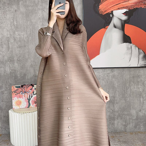 2022 Autumn Miyak Pleated Women Dresses Solid Single-breasted design loose large size women's 3/4 sleeve dress