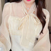 2023 Autumn Sweet Korean Elegant Two Piece Set Women Bow Tweed Patchwork Chiffon Blouse Top + Mini Skirt Suits Outfits