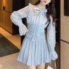 2023 Autumn Sweet Korean Elegant Two Piece Set Women Bow Tweed Patchwork Chiffon Blouse Top + Mini Skirt Suits Outfits