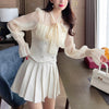 2023 Autumn Sweet Korean Elegant Two Piece Set Women Bow Tweed Patchwork Chiffon Blouse Top + Mini Skirt Suits Outfits