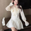 2023 Autumn Sweet Korean Elegant Two Piece Set Women Bow Tweed Patchwork Chiffon Blouse Top + Mini Skirt Suits Outfits