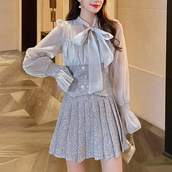 2023 Autumn Sweet Korean Elegant Two Piece Set Women Bow Tweed Patchwork Chiffon Blouse Top + Mini Skirt Suits Outfits