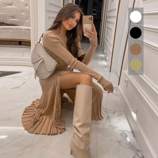 2022 Autumn Pleated Suit Set Skirt Women Cardigan Cotton Two Piece Slit Knitted Sexy Buttons Long Sleeve Suits Sets Winter Woman