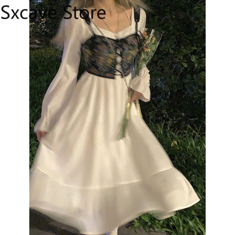 2022 Autumn Pure Color Y2k Midi Dress Women Elegant Vintage Lolita Dress Female Korean Style 2 Piece Dress Set Kawaii Clothes