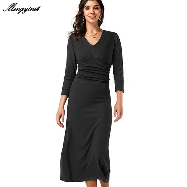 2022 Autumn Solid Color with V-neck Office fold Dresses vestidos Business Formal Party A-Line Women Flare patchwork sexy Dress