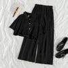 2023 Autumn Two Pieces Set Women Summer Korean Short Sleeve Shirt Female Black Casual Sets Suit Black Blouse Wide Leg Pants Suit