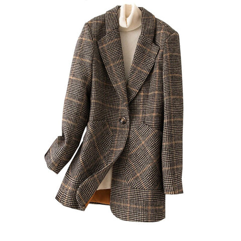 2022 Autumn Winter Plaid Casual Slim Blazers Women Single Breasted Female Outerwear Ladies Jackets Plus Size M-5XL