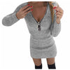 2022 Autumn Winter Knitted Bodycon Dress Women Sexy V Neck Zipper Solid Mini Dresses Long Sleeve Warm Sweaters Dress