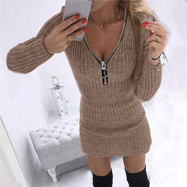 2022 Autumn Winter Knitted Bodycon Dress Women Sexy V Neck Zipper Solid Mini Dresses Long Sleeve Warm Sweaters Dress