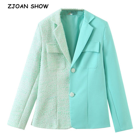 2022 Autumn Winter Mint Green Stitching Tweed Patchwork Blazer Boyfriend Women Contrast color Suit Coat Femme
