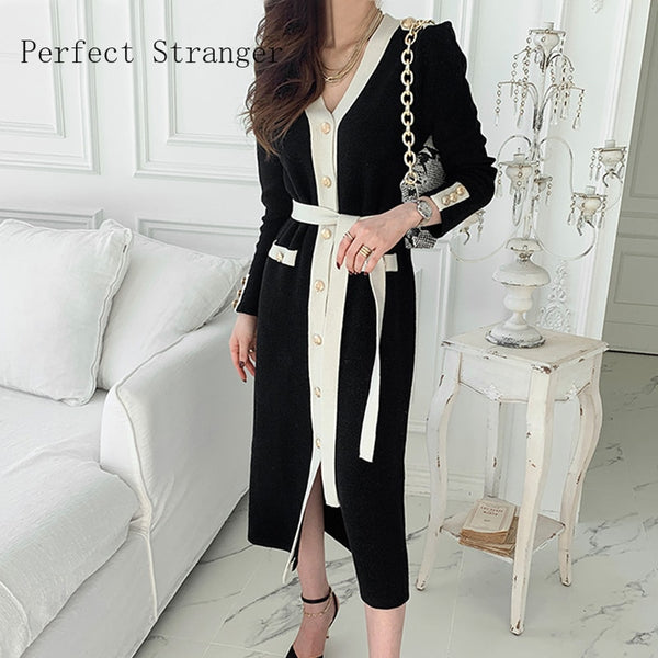 2022 Autumn Winter   Elegant Long Sleeve Round Collar Women Knitting Long Dress