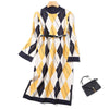 2022 Autumn Winter Vintage Plaid Knit Dress Women O-Neck Three Quarter Loose Sweater Dress Office Lady Split Midi Dress+Belt