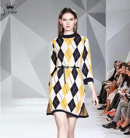 2022 Autumn Winter Vintage Plaid Knit Dress Women O-Neck Three Quarter Loose Sweater Dress Office Lady Split Midi Dress+Belt