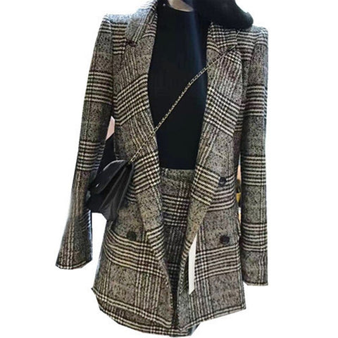 2022 Autumn Winter Runway Designer Tweed Formal Skirt Suits For Women Office Lady Plaid Blazer Jacket Top Mini Skirt 2 Piece Set