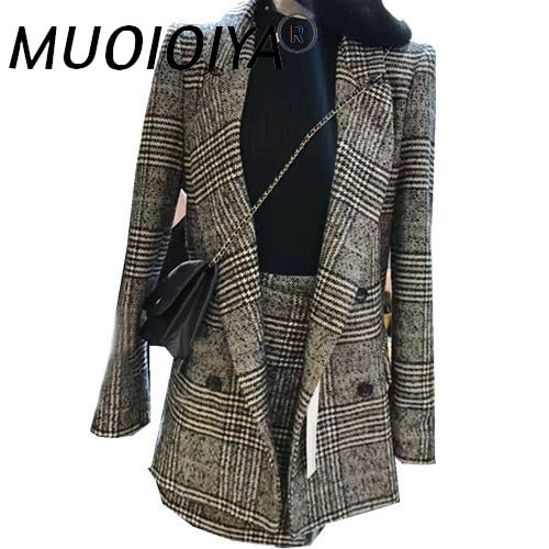 2022 Autumn Winter Runway Designer Tweed Formal Skirt Suits For Women Office Lady Plaid Blazer Jacket Top Mini Skirt 2 Piece Set