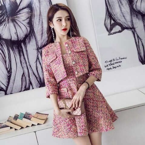 2022 Autumn Winter Runway Tweed 2 Piece Set Women Short Jacket Coat +Mini Tank Wool Blend skirt Suits Office Female Sets DB349