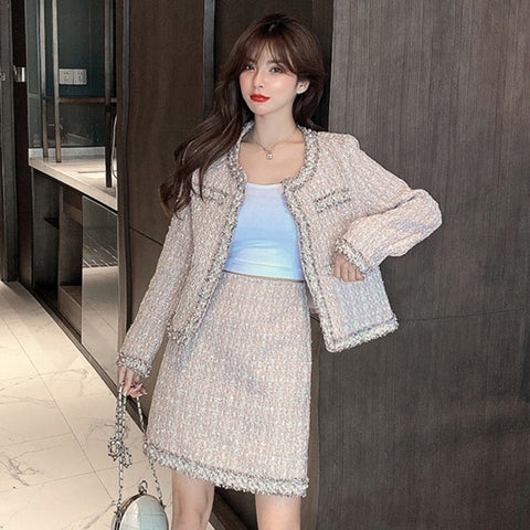 2023 Autumn Winter Small Fresh Temperament Cardigan Tweed Jacket Female + Western All-match Pencil Skirt Blazer Office Clothes