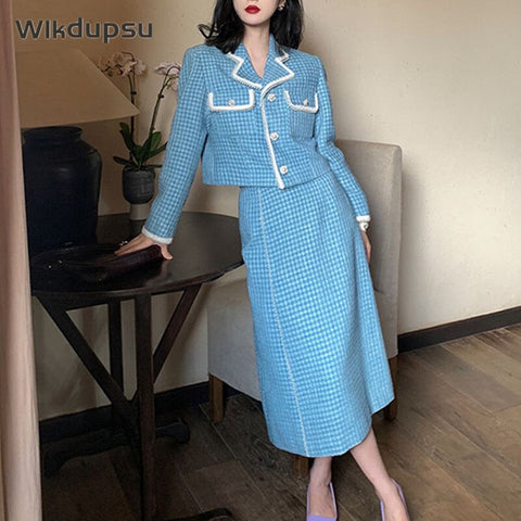 2022 Autumn Winter Tweed Set 2 Piece Skirts Suits Women Vintage Elegant Blazer Jacket Top Long Skirt Wool Casual Clothes Female