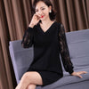2022 Autumn Winter V Neck Lace Long Sleeve Splicing Women's Dress Casual Loose Midi Dress Female Chic Black Straight Dresses