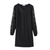2022 Autumn Winter V Neck Lace Long Sleeve Splicing Women's Dress Casual Loose Midi Dress Female Chic Black Straight Dresses