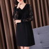 2022 Autumn Winter V Neck Lace Long Sleeve Splicing Women's Dress Casual Loose Midi Dress Female Chic Black Straight Dresses