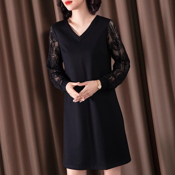 2022 Autumn Winter V Neck Lace Long Sleeve Splicing Women's Dress Casual Loose Midi Dress Female Chic Black Straight Dresses