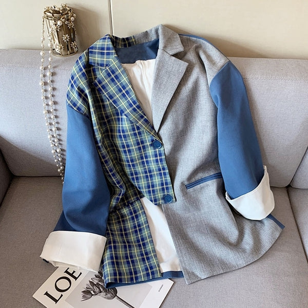 2023 Autumn Winter Vintage Stylish Patchwork Plaid Irregular Blazer Women Long Sleeve Female Suits Coats Outwear Tops